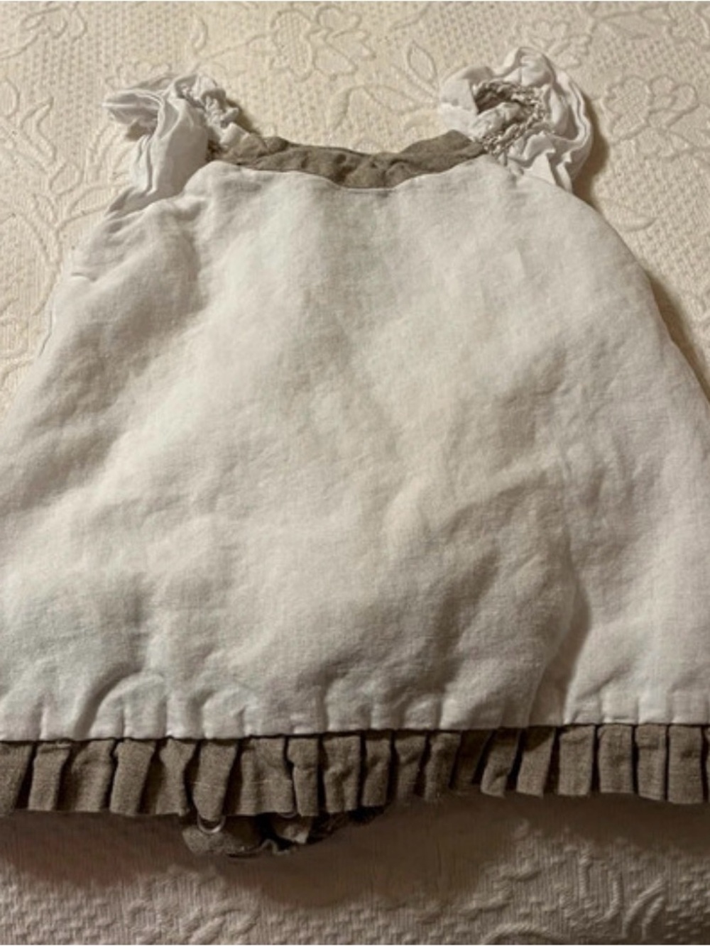 Carriage Boutique White and Taupe Linen Baby One-Piece